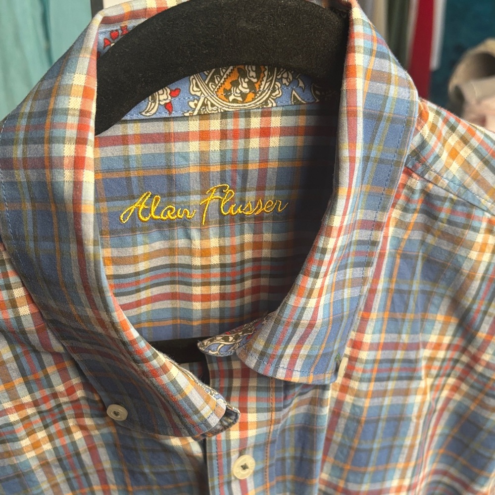 Alan Flusser Men's Blue and Orange Plaid Shirt LARGE